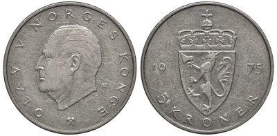 Норвегия 5 крон 1975 Улаф V (1958-1991) KM 420 медно-никель 81-832