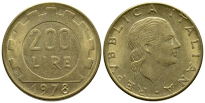 Италия 200 лир 1978 R, шестерня KM 105 алюминиевая бронза 47-645