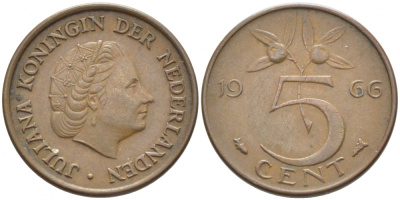 НИДЕРЛАНДЫ 5 ЦЕНТОВ 1966 ЮЛИАНА KM 181 бронза 3856-454