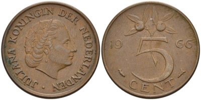 НИДЕРЛАНДЫ 5 ЦЕНТОВ 1966 ЮЛИАНА (1949-1980) КМ 181 бронза 4573-356