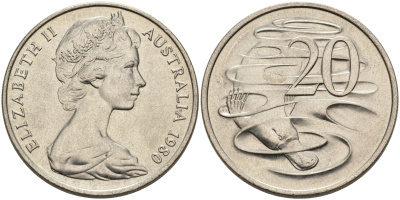 АВСТРАЛИЯ 20 ЦЕНТОВ 1980 ЕЛИЗАВЕТА II, МОЛОДОЙ ПОРТРЕТ, УТКОНОС KM 66 медно-никель UNC 4565-825