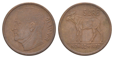 Норвегия 5 эре 1970 Улаф V (1957-1991) KM 405 бронза 4635-617