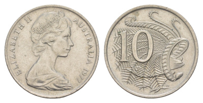 Австралия 10 центов 1977 Елизавета II (1952-2022), птица лирахвост KM 65 медно-никель aUNC 4657-144