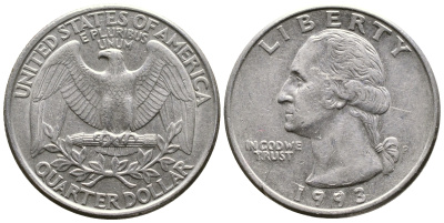 США 25 центов (квотер) 1993 P, Вашингтон KM А164а медь плакированная медно-никелем 259-1223