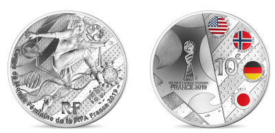 Франция 10 евро 2019 Чемпионат мира по футболу среди женщин, FIFA, Тип 3, оригинальная коробка, сертификат KM NEW серебро PROOF 8-1-03-08