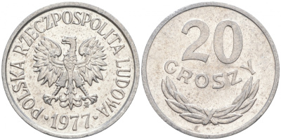 ПОЛЬША 20 ГРОШЕЙ 1977 MW KM А47 алюминий 4516-532