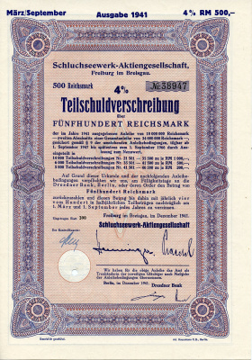 Германия 500 рейхсмарок 1941 АО Schluchseewerk (оператор 5 ГЭС), Фрайбург-им-Брайсгау, 4% -ное частичное обязательство   бумага   8804-81-1