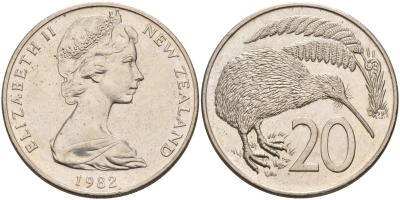 Новая Зеландия 20 центов 1982 Елизавета II (1952-2022), птичка киви KM 36.1 медно-никель  4599-1045