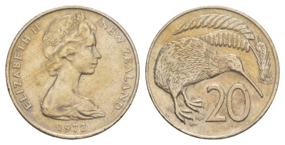 Новая Зеландия 20 центов 1972 Елизавета II (1952-2022), птичка киви KM 36 медно-никель 4680-943