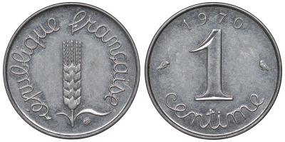Франция 1 сантим 1970 пятая республика KM 928, Le Franc 106.19 нержавеющая сталь 4124-426