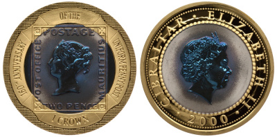 Гибралтар 1 крона 2000 160 лет черному пенни, тираж 999 экземпляров KM 884 золото, биметалл PROOF 10-020-25