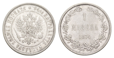Россия для Финляндии 1 марка 1874 S, Александр II (1855-1881) Биткин 631 серебро 1530-1032
