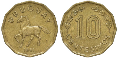 Уругвай 10 сентесимо 1981 KM 66 алюминиевая бронза 4169-552