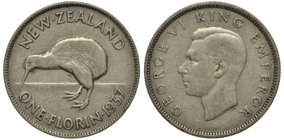 Новая Зеландия 1 флорин 1937 Георг VI (1936-1952), птичка киви, первый год KM 10.1 серебро 272-1431