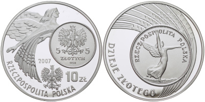 Польша 10 злотых 2007 MW, история злотого, 5 злотых 1928 года, Богиня победы Ника KM 589 серебро PROOF 1087-7-35