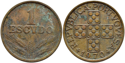 Португалия 1 эскудо 1970 KM 597 бронза 4394-734
