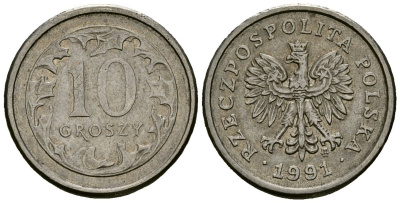 Польша 10 грошей 1991 Y 279 медно-никель 4136-813