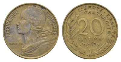 Франция 20 сантимов 1963 KM 930 алюминиевая бронза 4673-1112