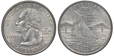 США 25 центов = квотер 2001 Р, серия штаты США, Род-Айленд KM 320 медь плакированная медно-никелем 4538-1256