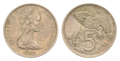 Новая Зеландия 5 центов 1973 Елизавета II (1952-2022), ящерица гаттерия KM 34 медно-никель 4651-168
