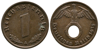 Германия 1 рейхспфенниг 1938 A KM 89, J. 361 бронза    220-258