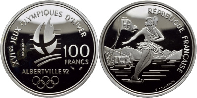 Франция 100 франков 1989 XVI Зимние Олимпийские игры 1992 в Альбервиле, парное фигурное катание KM 972 серебро PROOF 413-2535