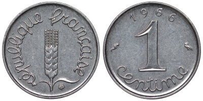 Франция 1 сантим 1966 пятая республика KM 928, Le Franc 106.12 нержавеющая сталь 4124-368