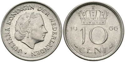 НИДЕРЛАНДЫ 10 ЦЕНТОВ 1966 ЮЛИАНА KM 182 никель 96-425