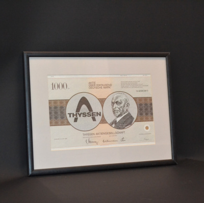 Германия, Thyssen (Тиссен) AG, Дуйсбург-Хамборн акция в 1000 марок 1986 в рамке со стеклом бумага 57-1-17
