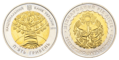 Украина 5 гривен 2011 ФАО - Международный год лесов KM 638 биметалл BU 4666-147