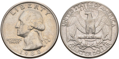 США 25 центов = квотер 1988 D, Вашингтон KM A164a медь плакированная медно-никелем 4584-1243