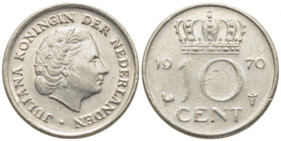 Нидерланды 10 центов 1970 Юлиана (1948-1980) KM 182 никель 112-344