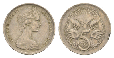 Австралия 5 центов 1967 Елизавета II (1952-2022) молодой портрет, ехидна KM 64 медно-никель 4151-335