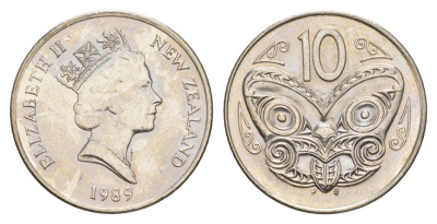 Новая Зеландия 10 центов 1989 Елизавета II (1952-2022), маска маори KM 61 медно-никель UNC 4652-653