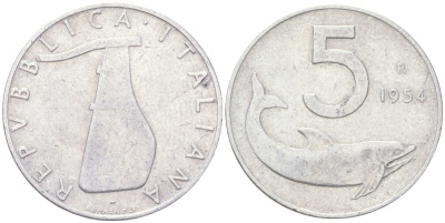 Италия 5 лир 1954 R, плуг, дельфин KM 92 алюминий 4613-843