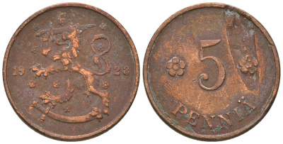 Финляндия 5 пенни 1928 KM 22 медь 4174-363