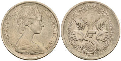Австралия 5 центов 1974 Елизавета II, ехидна KM 64 медно-никель    4598-749