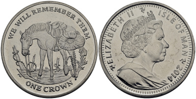 Остров Мэн 1 крона 2014 в память героев первой мировой войны, одинокая лошадь KM NEW медно-никель  UNC 4386-822