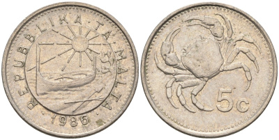 Мальта 5 центов 1986 краб KM 77 медно-никель 4516-345