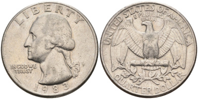 США 25 центов = квотер 1983 P, Вашингтон KM A164a медь плакированная медно-никелем 4584-1153