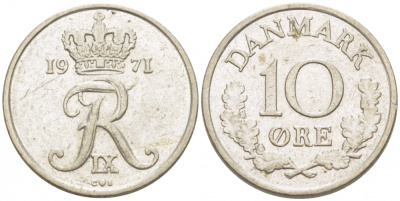 ДАНИЯ 10 ЭРЕ 1971 C; S, ФРЕДЕРИК IX (1947-1972) KM 849.1 медно-никель 3309-157