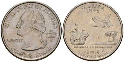 США 25 центов = квотер 2004 D, серия штаты США, Флорида KM 356 медь плакированная медно-никелем 4603-1152