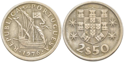 ПОРТУГАЛИЯ 2,5 ЭСКУДО 1976 ПАРУСНИК KM 590 медно-никель 4523-1055