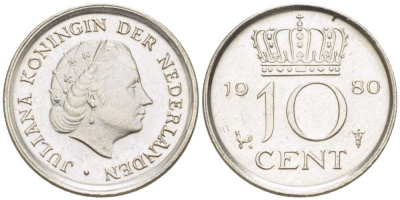 Нидерланды 10 центов 1980 Юлиана (1949-1980) KM 182 никель 211-1256