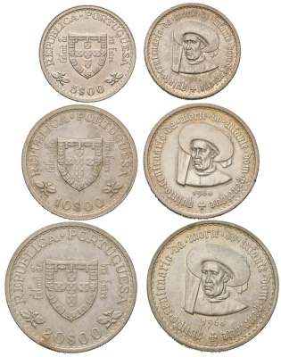 Португалия набор из 3 монет (5, 10 и 20 эскудо) 1960 500 лет со дня смерти Принца Генриха KM 587, 588, 589 серебро aUNC 01-238-55