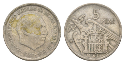 Испания 5 песет 1957 (64) Франсиско Франко (1939-1975) KM 786 медно-никель 4538-424