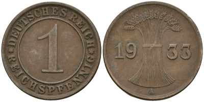 Германия 1 рейхспфенниг 1933 A KM 37, J. 313 бронза 4189-1162