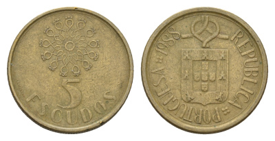 Португалия 5 эскудо 1988 KM 632 никель латунь 4681-353