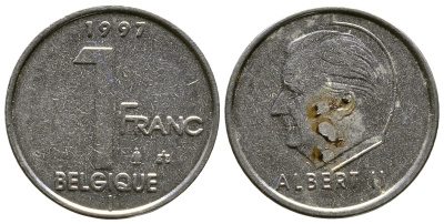 БЕЛЬГИЯ 1 ФРАНК 1997 BELGIQUE, АЛЬБЕРТ II (1993-) KM 187 железо плакированное никелем 4110-1721