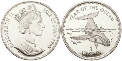Остров Мэн 1 крона 1998 год океанов, горбатый кит, Елизавета II (1952-2022) KM 897 медно-никель BU 1085-9-34
